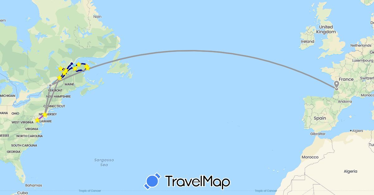 TravelMap itinerary: driving, plane, train, boat in Canada, France, United States (Europe, North America)